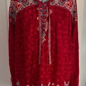 Johnny Was Red Rayon Embroidered blouse